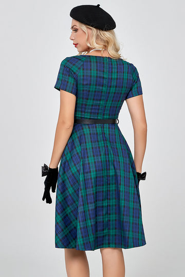 Dark Green Short Sleeves 1950s Plaid Dress